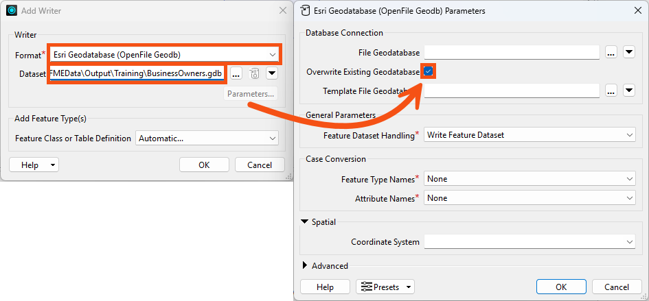 Esri Geodatabase writer parameters